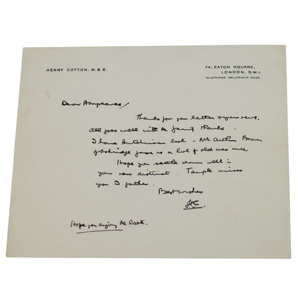 Henry Cotton Handwritten Note on Letterhead - Signed Simply "H.C." JSA ALOA