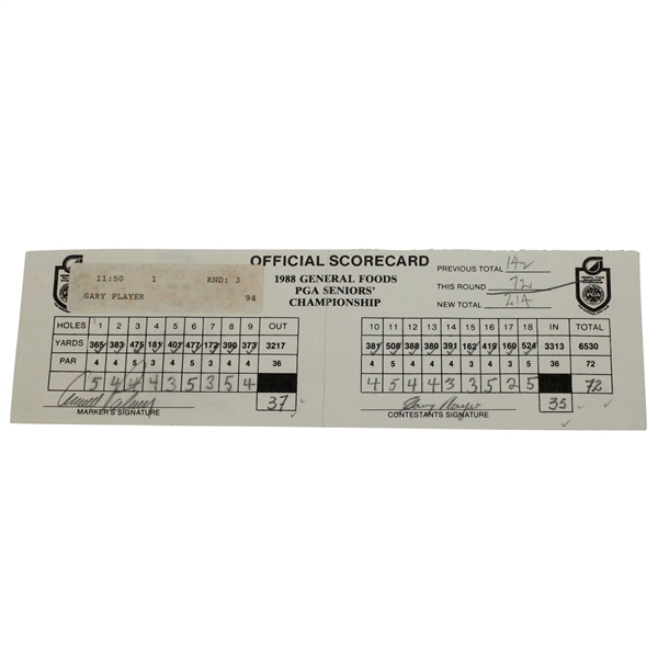 Arnold Palmer & Gary Player Signed Official 1988 PGA Seniors Championship Scorecard JSA ALOA