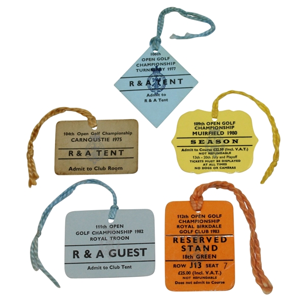 Open Championship Badges from Tom Watsons Wins - 1975, 1977, 1980, 1982, & 1983