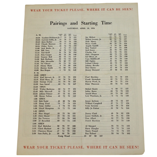 1954 Masters Saturday Pairing Sheet