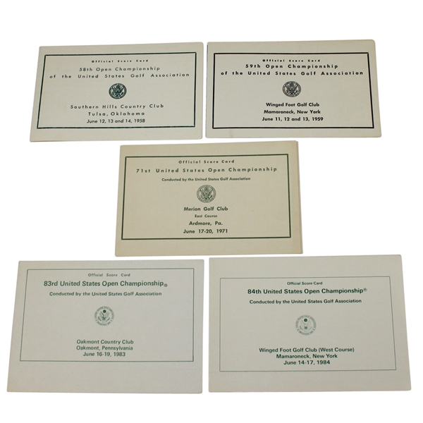 Lot of 5 Official US Open Scorecards - 1958, 1959, 1971, 1983, & 1984