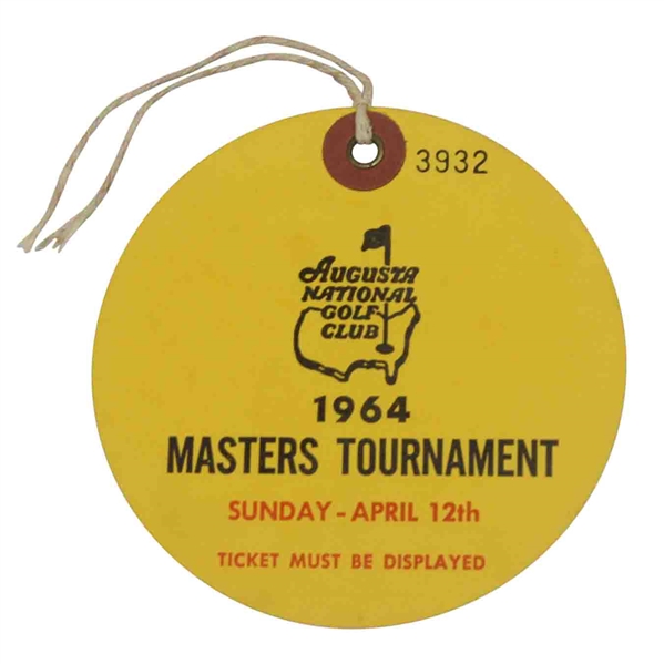 1964 Masters Tournament Sunday Ticket #3932 - Palmer Final Masters Win - Excellent Condition