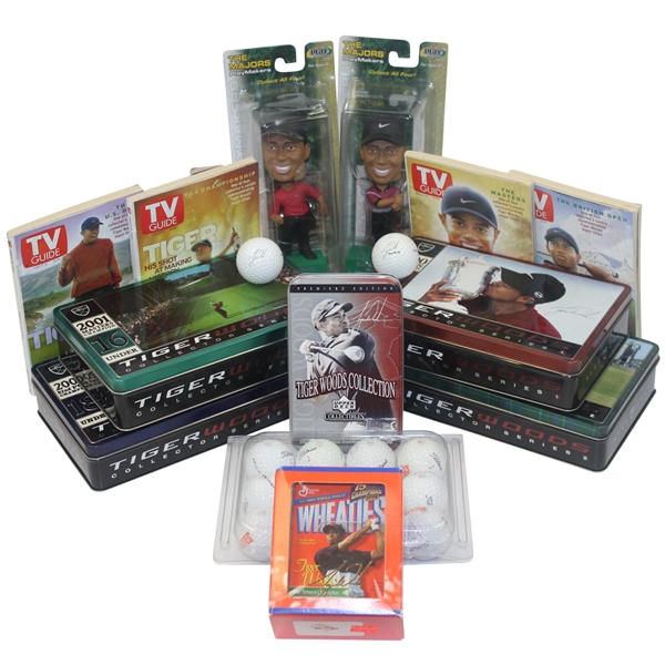 Tiger Woods Multi-Lot: Bobbleheads, Wheaties Box, TV Guides, Golf Balls, and more