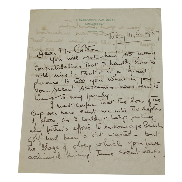 Joan Ryder Handwritten Letter to Henry Cotton - 7/14/1937 - Ryder Cup & Open JSA ALOA
