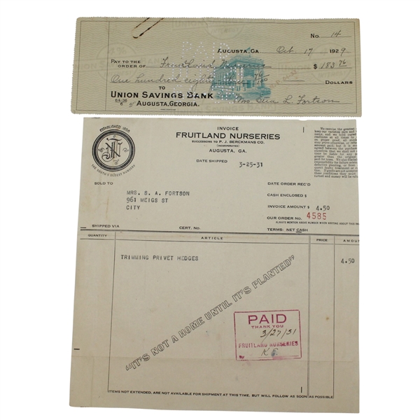Fruitland Nurseries Check (1929) and Invoice (1931) - Augusta Grounds Founded Upon