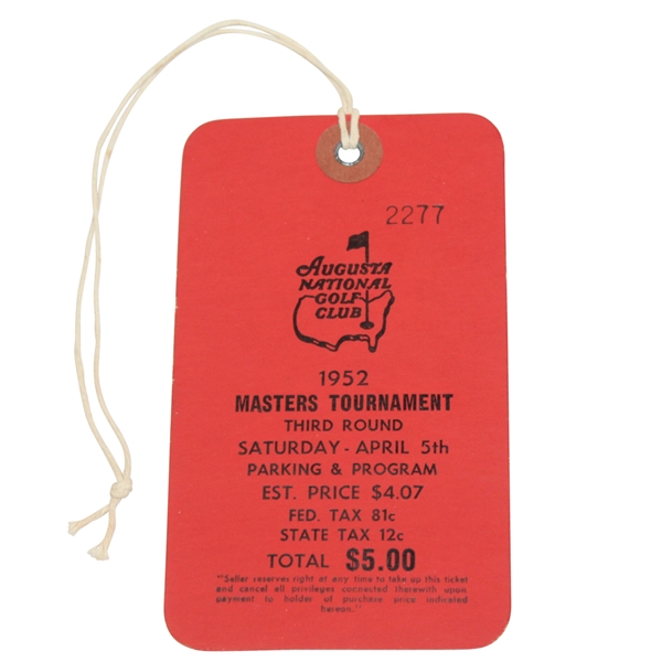 1952 Masters Tournament Saturday Ticket #2277-HIGHEST CONDITION, BEST KNOWN!