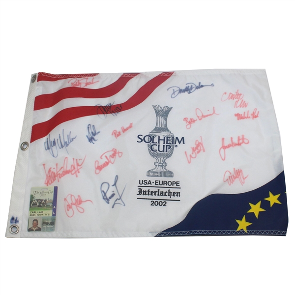 2002 Solheim Cup Course Flown Flag Signed by Winning USA Team w/Official Badge JSA ALOA