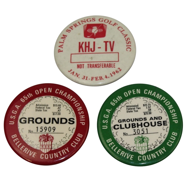 Two 1965 US Open Championship Badges and 1962 Palm Springs Golf Classic Badge