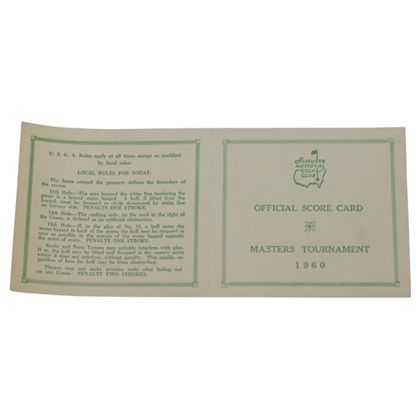 1960 Masters Tournament Official Scorecard - Palmer 2nd Masters Victory
