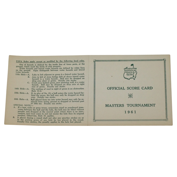 1961 Masters Tournament Official Scorecard