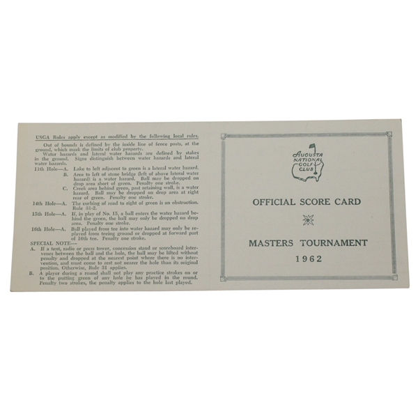 1962 Masters Tournament Official Scorecard - Palmers 3rd Masters Victory