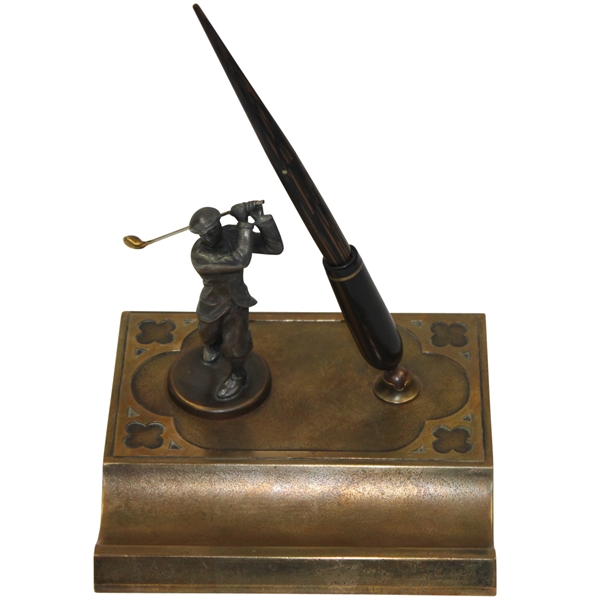 Vintage Bronze Fountain Pen Holder Stand and Golfer with 14k Sheaffer Gold Pen 