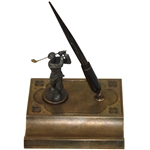 Vintage Bronze Fountain Pen Holder Stand and Golfer with 14k Sheaffer Gold Pen 