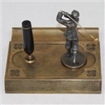 Vintage Bronze Fountain Pen Holder Stand and Golfer with 14k Sheaffer Gold Pen 
