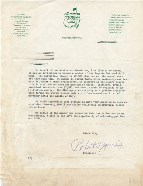 1960s Augusta National Membership Invitation Signed by Bobby Jones - Unparalleled Opportunity- JSA ALOA