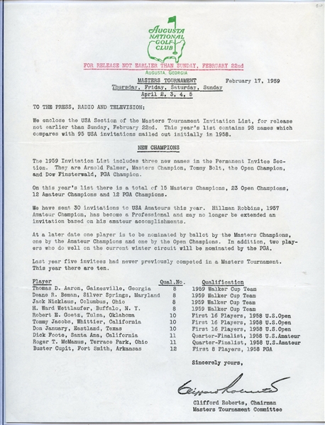1959 Augusta National February Press Release of Cliff Roberts -Announces Jack Nicklaus 1st Invite To Play & Palmer Permanent Spot 
