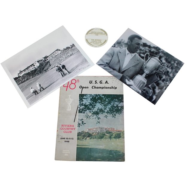 1948 US Open Lot - Program, Hogan with Trophy Photo, Course During Play Photo, and Bag Tag