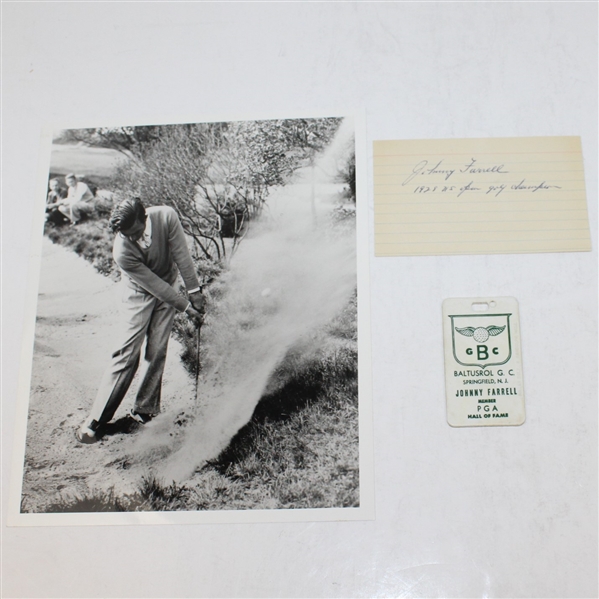 Johnny Farrell Signed Index, 1939 US Open Photo, & Baltusrol Bag Tag with Farrell as Head Pro