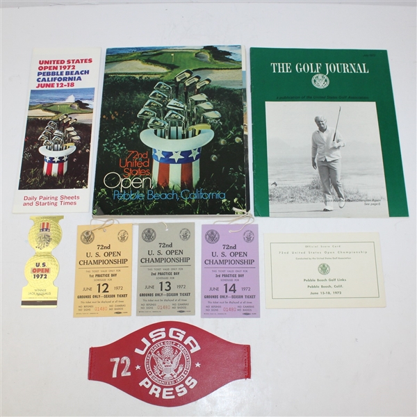 1972 US Open Lot: Program, Tickets, Scorecard, Pairing Sheets, Press Arm Band, Matchbook, and Golf Journal