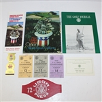1972 US Open Lot: Program, Tickets, Scorecard, Pairing Sheets, Press Arm Band, Matchbook, and Golf Journal