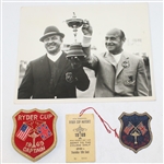 1969 Ryder Cup Lot: Captains Holding Trophy Wire Photo, Thursday Ticket, Crest, & Blazer Badge "Captain"