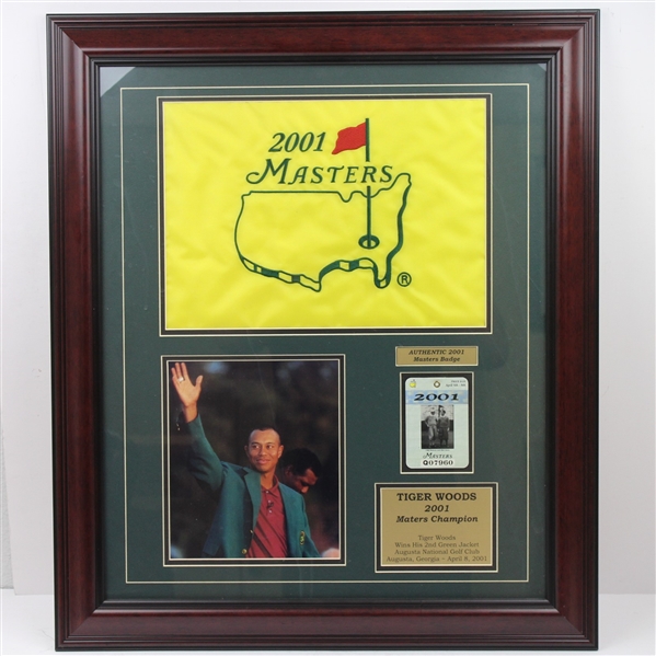 Tiger Woods Masters 2001 Display - Flag, Photo, Badge, & Plaque - Framed