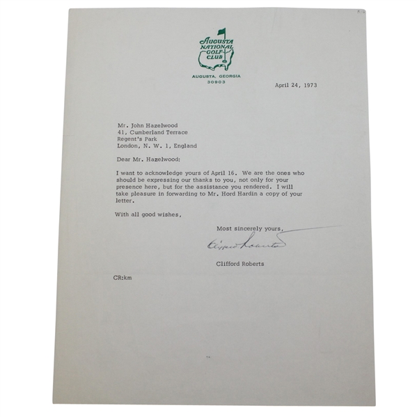 Clifford Roberts Signed April 24, 1973 Letter on Augusta Letterhead JSA #Q64242