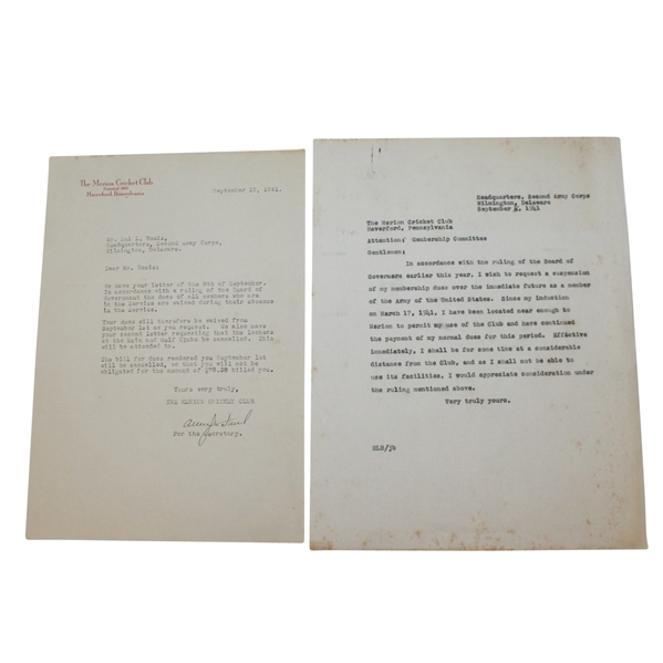1941 War Time Letters To & From Merion Cricket Club Regarding Dues While Enlisted