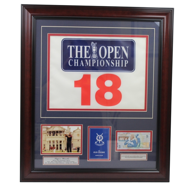 2005 British Open Display- 18th Hole Flag, Tiger Woods Trophy Photo, Nicklaus 5 Pound RBS Note- Framed