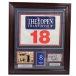 2005 British Open Display- 18th Hole Flag, Tiger Woods Trophy Photo, Nicklaus 5 Pound RBS Note- Framed