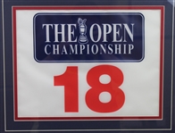 2005 British Open Display- 18th Hole Flag, Tiger Woods Trophy Photo, Nicklaus 5 Pound RBS Note- Framed