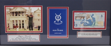 2005 British Open Display- 18th Hole Flag, Tiger Woods Trophy Photo, Nicklaus 5 Pound RBS Note- Framed