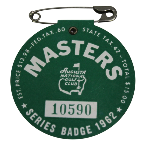 1962 Masters Tournament Badge #10590 - Palmer Win