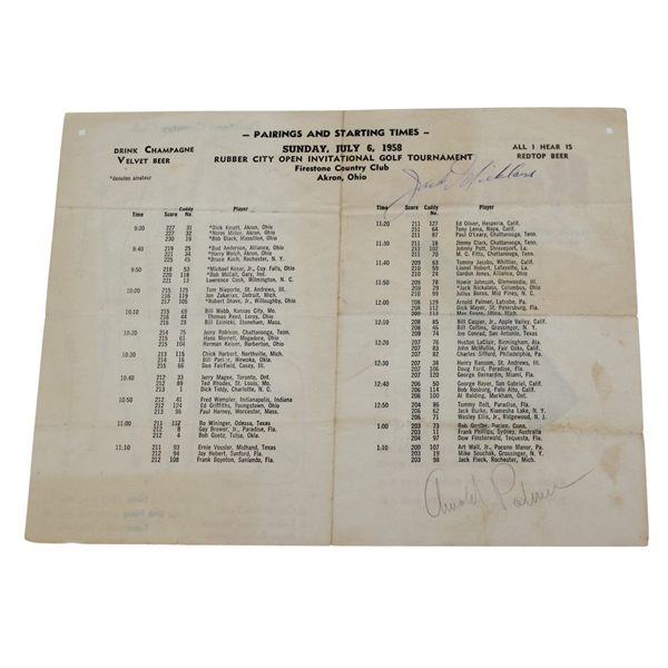 Arnold Palmer & Jack Nicklaus Dual Signed Sunday Pairing Sheet at Firestone JSA ALOA