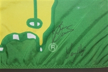 Classic Green Masters Flag Signed by Larry Mize, Nick Faldo, and Ben Crenshaw - Framed - JSA ALOA