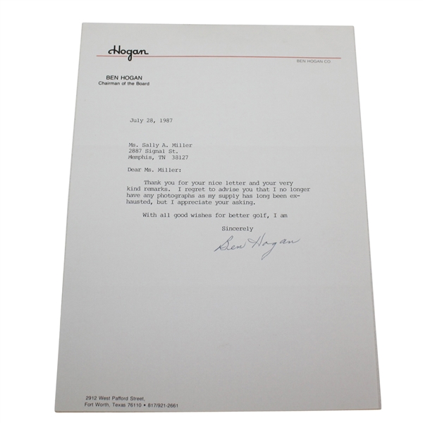 Ben Hogan Signed Letter - 1987 JSA ALOA