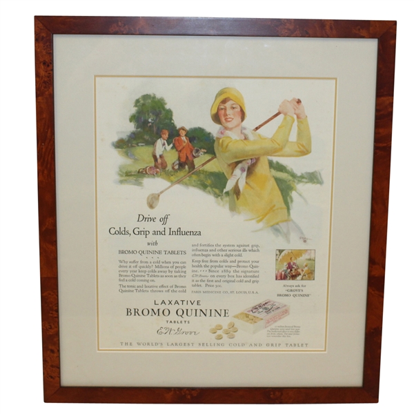 Groves Bromo Quinine Tablets Advertisement Featuring Female Golfer -Framed