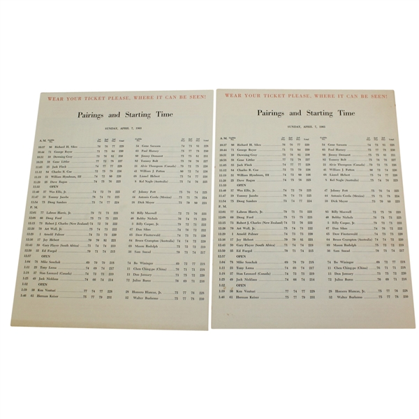 Lot of Two 1963 Masters Tournament Sunday Pairing Sheets