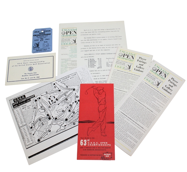 1963 US Open Ticket, Official Scorecard, Photo of Course Layout, Pairings Sheets, USGA Guide, etc
