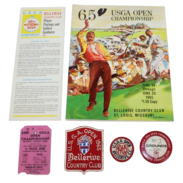 1965 US Open Ticket, Program, Grounds Badge, Pairings Sheet, and Two Patches