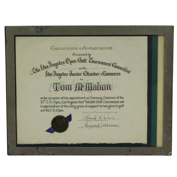 1962 Los Angeles Open Golf Tournament Certificate of Appreciation to Tom McMahon - Framed - McMahon Collection