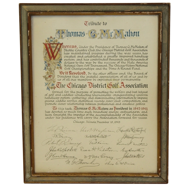 1943 Chicago District Golf Association Tribute Award to Thomas G. McMahon - Framed - McMahon Collection