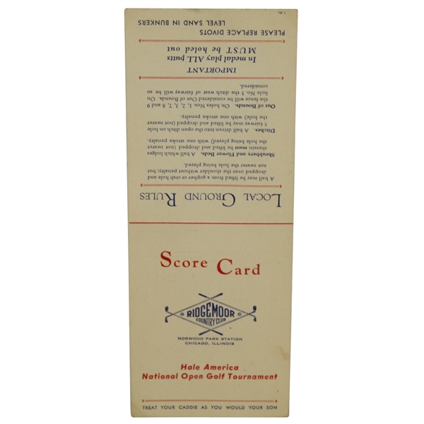 1942 Hale America National Open Golf Tournament at Ridgemoor CC Official Scorecard-Hogans 1st Major? - McMahon Collection