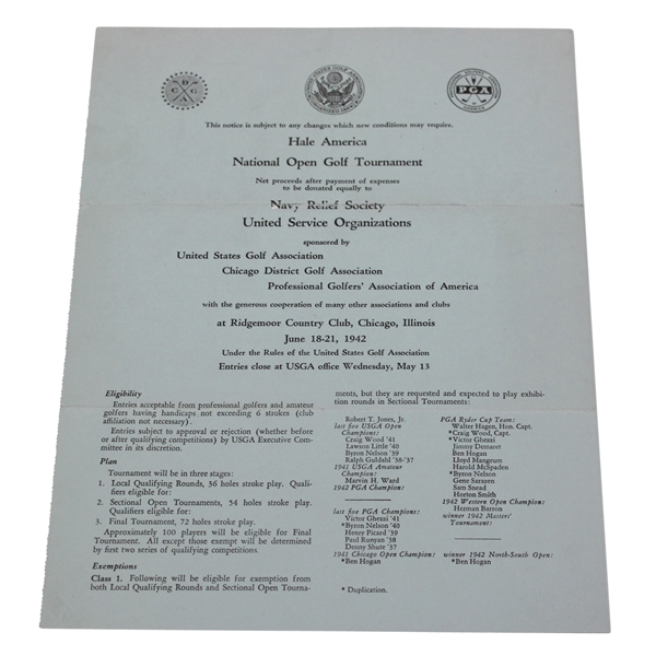1942 Hale America National Open Golf Tournament Player Application Pamphlet - McMahon Collection