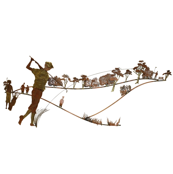 Unique Copper/Brass Golf Wall Structure Tee Shot by Golfer in Knickers with Onlookers