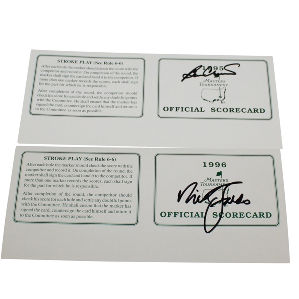 1995 & 1996 Masters Tournament Official Scorecards Signed by Champions Faldo and Crenshaw JSA ALOA