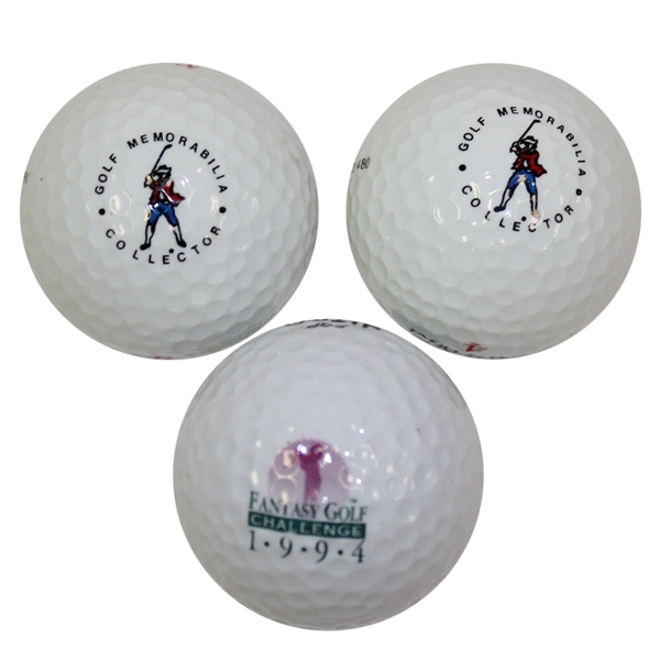 Three Golf Balls - Two Golf Memorabilia Collector Logo and One 1994 Fantasy Golf Challenge Logo