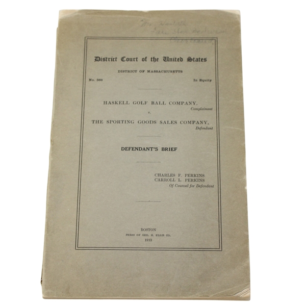 1913 Haskell Golf Ball Company Legal Brief Belonging to Mrs. Haskell - Jeff Ellis Collection