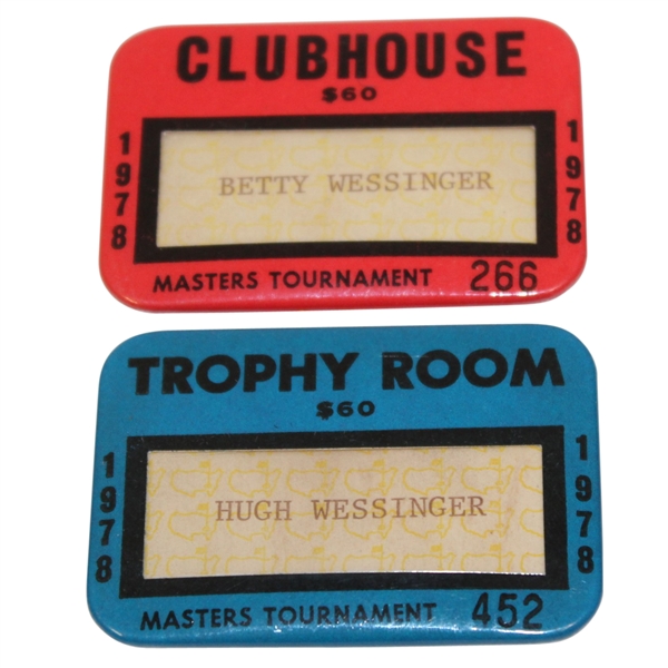 1978 Trophy Room Badge #452 & 1978 Clubhouse Badge #266 - Hugh & Betty Wessinger