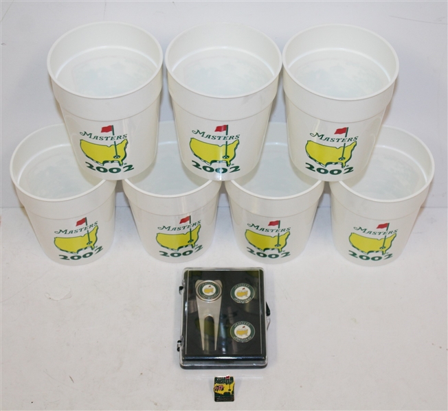 Seven 2002 Masters Course Cups with Divot Tool Set & Commemorative Pin